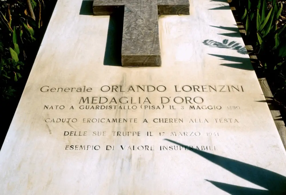 The grave of Brigadier General Orlando Lorenzini located at the military cemetery in Keren. Lorenzini was killed on 17 March 1941 in the Battle of Keren. Image: Nicky Di. Paolo.