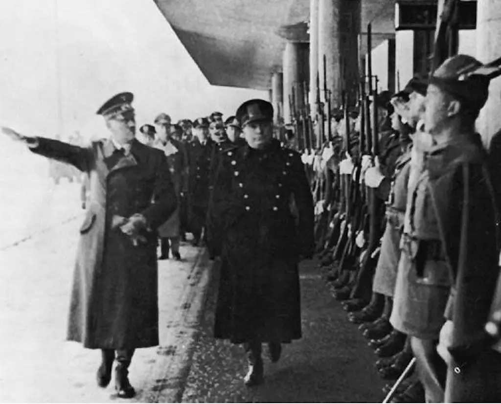 Hitler and Mussolini meet at the Brenner Pass on 18 March 1940.