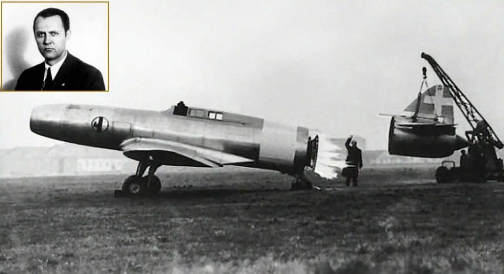 Testing the thermojet engine of the N1. Engineer Secondo Campini is superimposed on the top left.