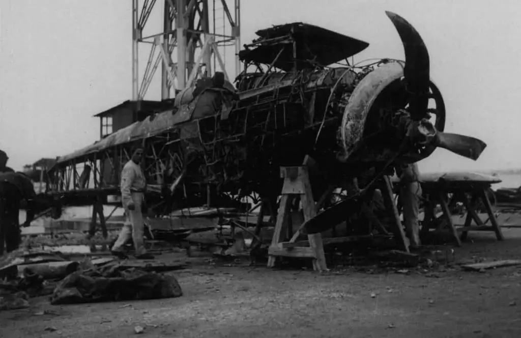 A Fairey Swordfish shot down by Italian artillery and recovered from the sea. Image: Archivio Centrale dello Stato.