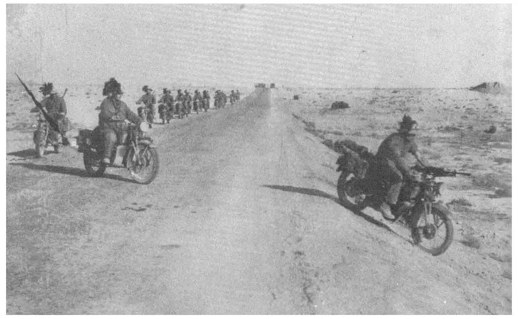 Bersaglieri riding Moto Guzzi motorcycles in North Africa during the siege of Tobruk.