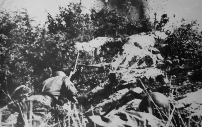 Italian soldiers on the receiving end of U.S. naval gunfire near Gela.