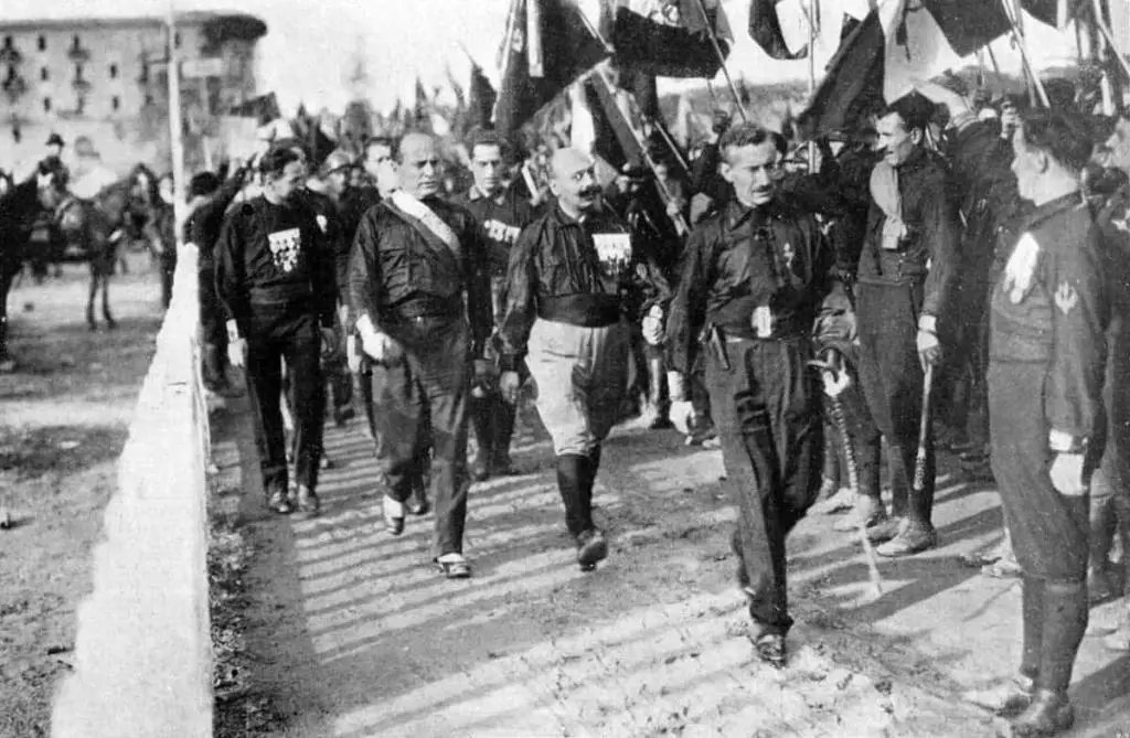 Mussolini surrounded by Blackshirts on the March to Rome in 1922.