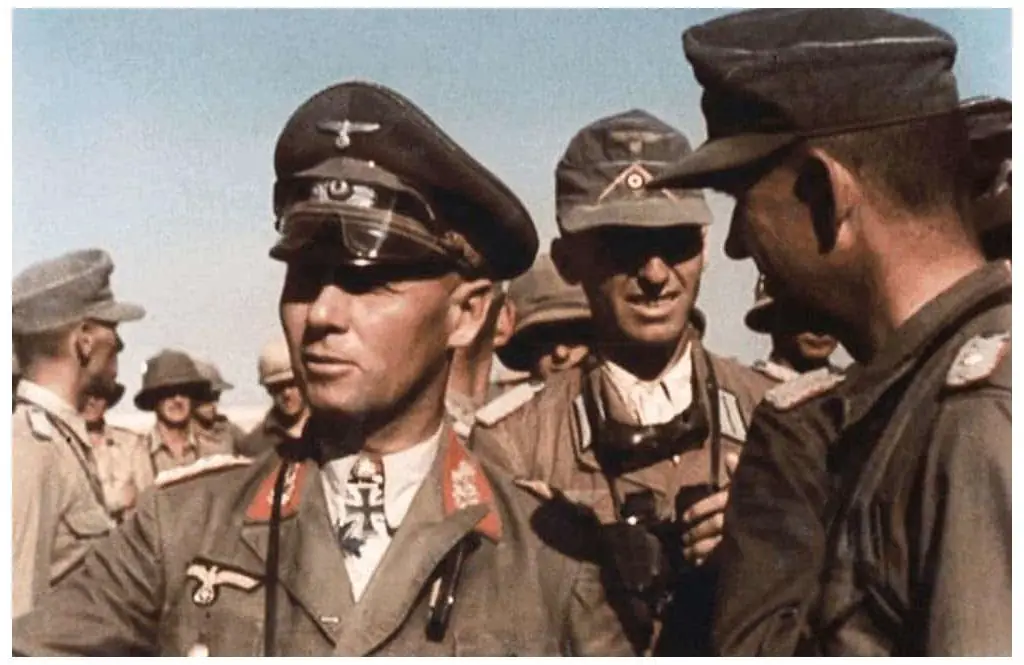 A color photograph of Erwin Rommel and his staff in North Africa.