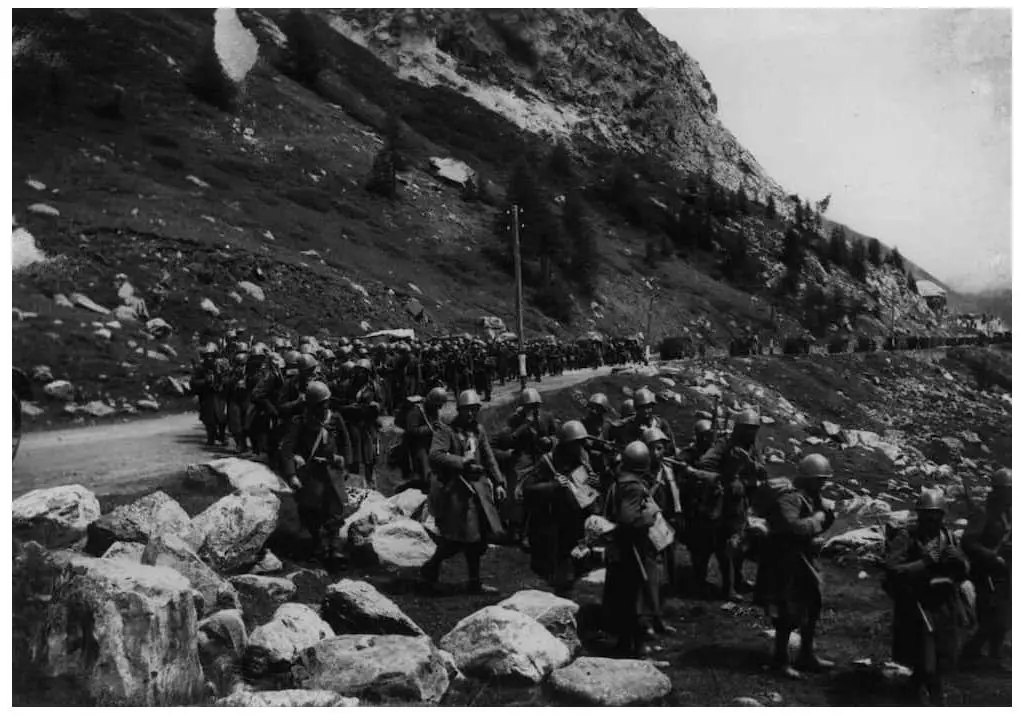 Italian troops marching through the Little St. Bernard pass on the French border in June, 1940.