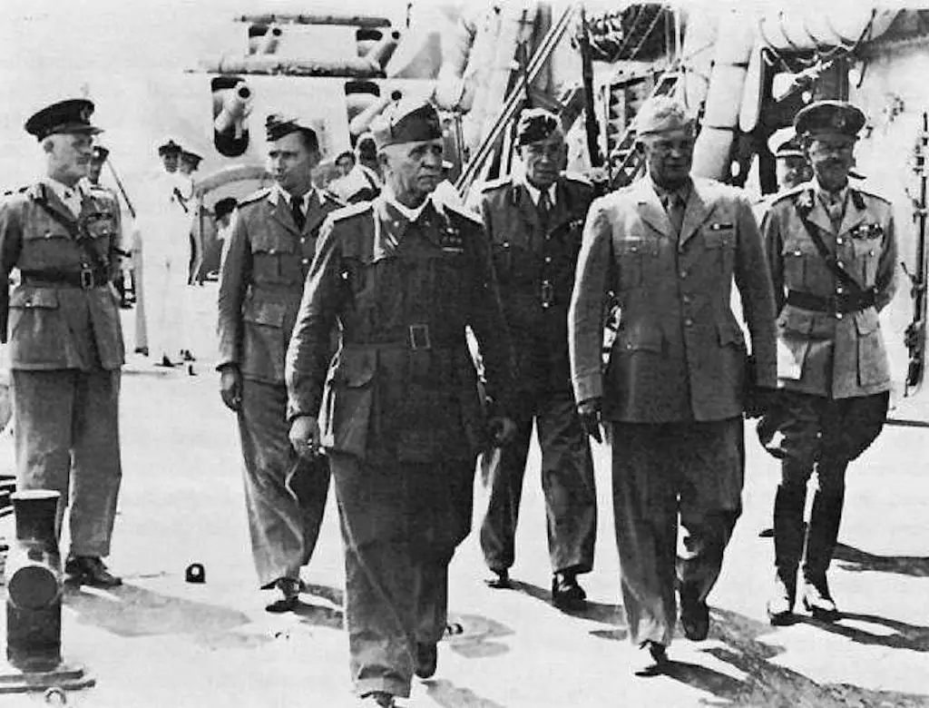 Marshal Pietro Badoglio and General Eisenhower on the Battleship Nelson, 20 October 1943.