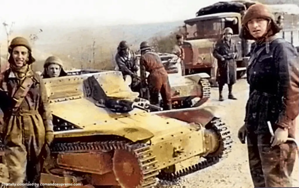 A digitally colorized image of the Carro Veloce CV 35 also known as the L3/35 tankette in the Balkans.