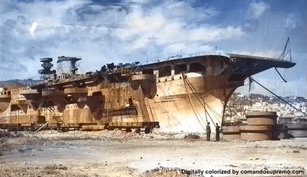 Aquila aircraft carrier under construction. Image digitally colorized.