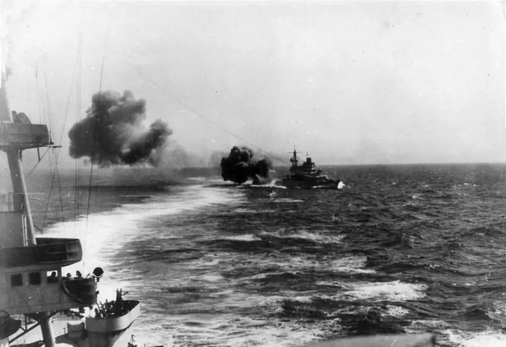 Battleship Conte di Cavour fires a salvo during the Battle of Punta Stilo (Battle of Calabria). Photo taken from the battleship Giulio Cesare.