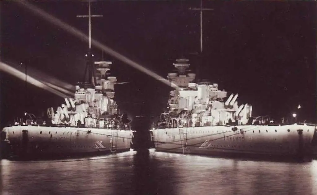 A 1939 photo of the Trento and Trieste docked at Leghorn.