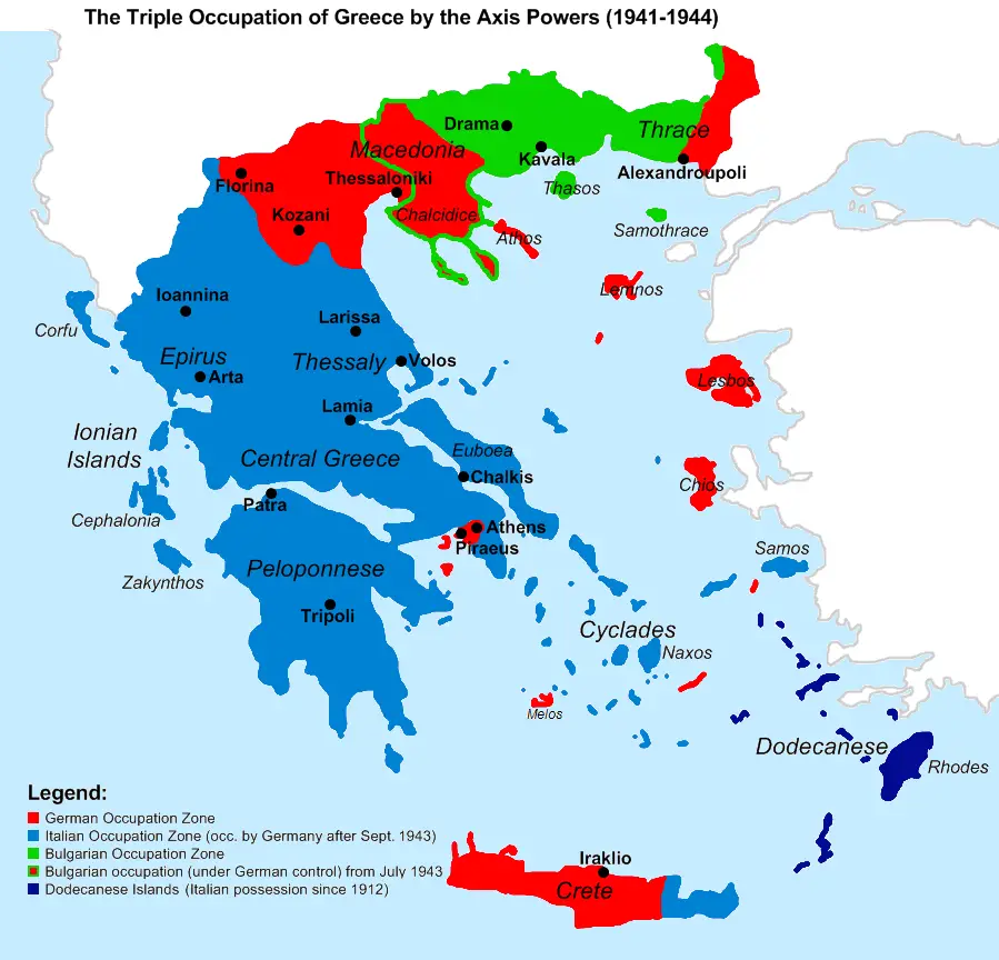 Map of the Aegean region under Axis control in 1941.