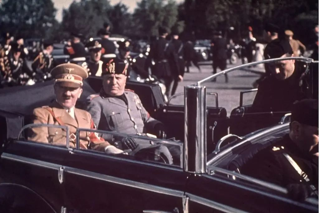Adolf Hitler visits Benito Mussolini in Rome, Italy on 3 March 1938.