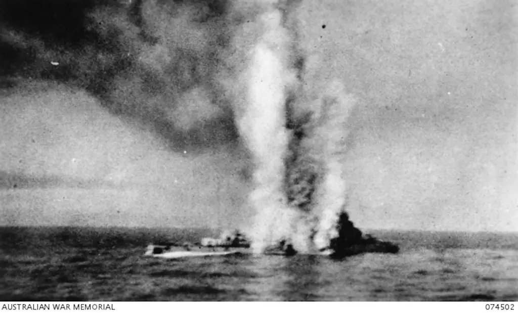 Fire and explosions are seen here on the Bartolomeo Colleoni following a direct hit by HMAS Sydney.