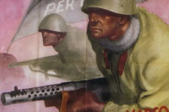An Italian World War Two poster depicting the San Marco marines with a flag stating "For Italy, for Honor". The caption translates to "San Marco Division - For Victory".