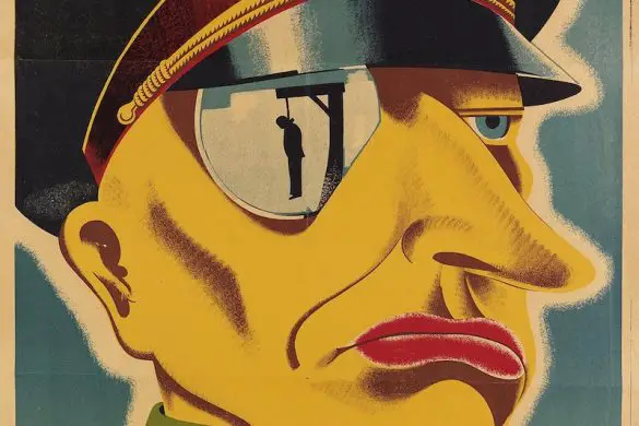 Originally an American poster created in 1942, this poster reads “Here is the enemy.” This poster was designed by Karl Koehler and Victor Ancona, which won first prize at the Artists for Victory competition held in 1942. This great poster depicts a typical Prussian officer with a reflection of a man hanging from his spectacle.