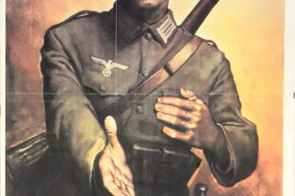 Created by Gino Boccasile, the poster depicts a German soldier reaching out his hand. The caption reads "Germany is truly your friend."