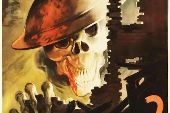 Vostro Amico? is an Italian poster depicting a skull with a British helmet in a ruined Italian town. Translation reads “Your friend?” Note the blood coming from the mouth of the skull as if it is eating raw flesh.