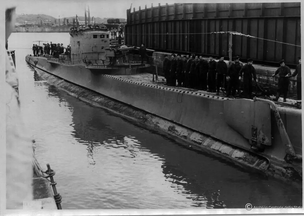 Submarine Barbarigo at the Betasom Italian submarine base in Bordeaux, France.