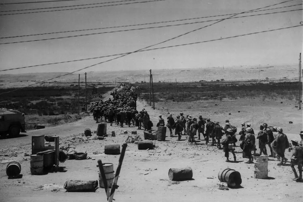 A column of British Prisoners of War in Tobruk, 1942.