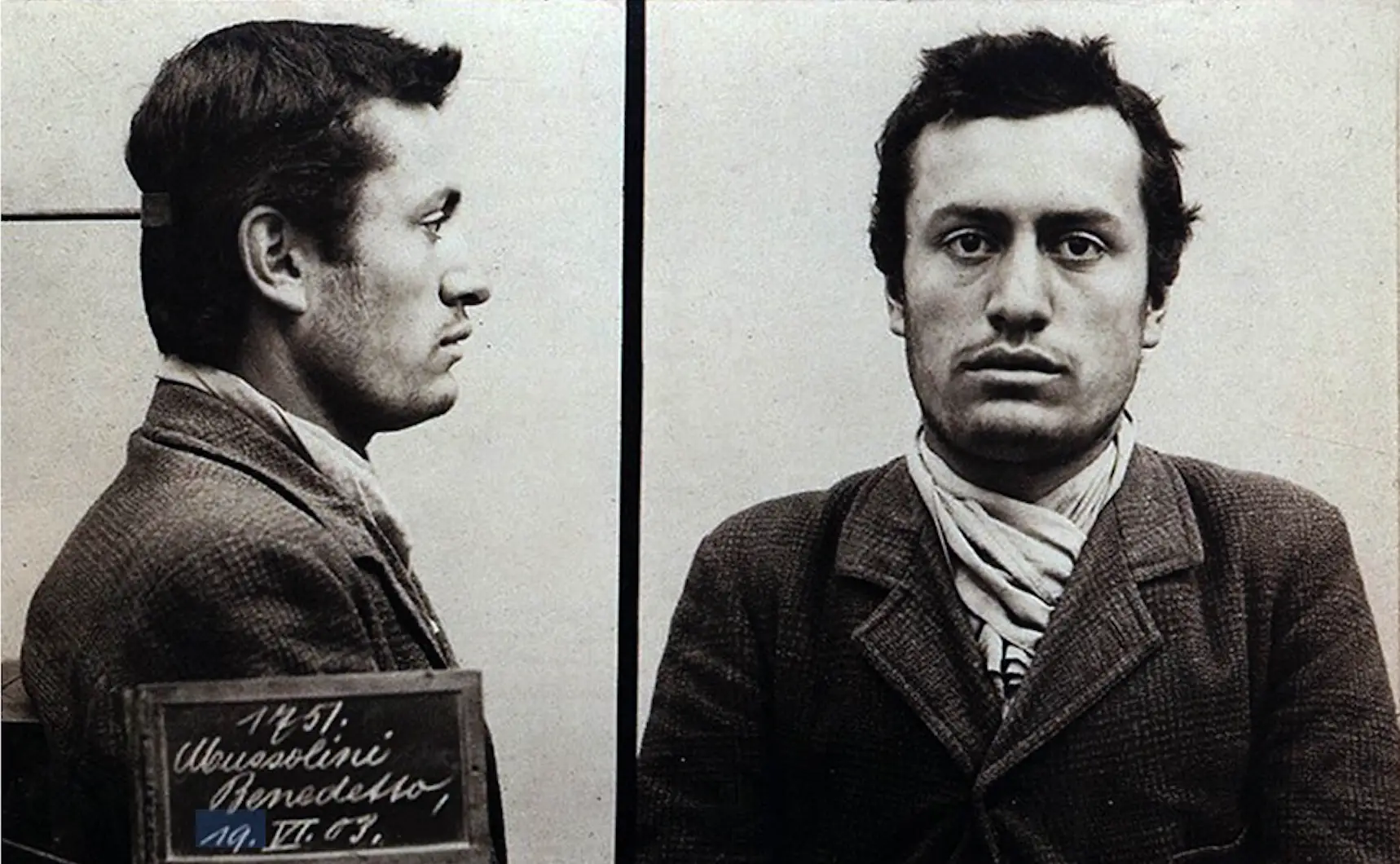 In the picture- the mugshot of Benito Mussolini after he got arrested by the swiss police