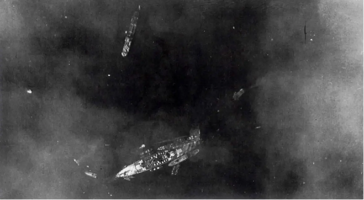 Figure 1 Aerial view of battleship Littorio semi-sunk